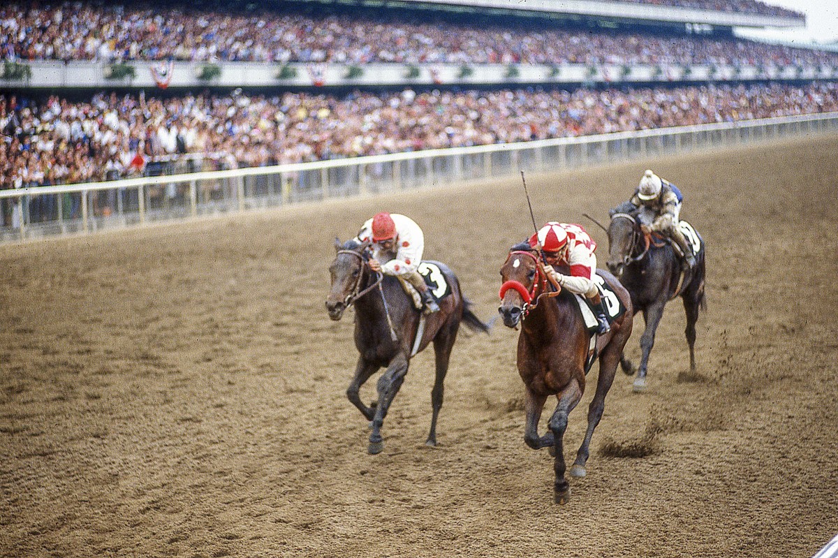 Pleasant Colony's Derby and Preakness wins are overshadowed by defeat at Belmont (far right, behind Summing, middle). 